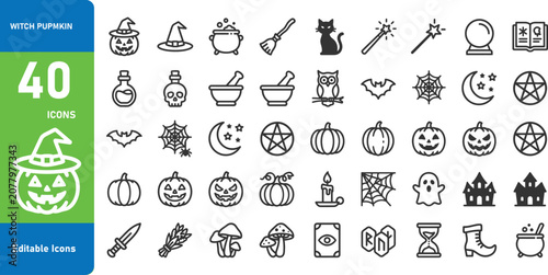 Halloween icon set witch pumpkin editable symbols for spooky designs