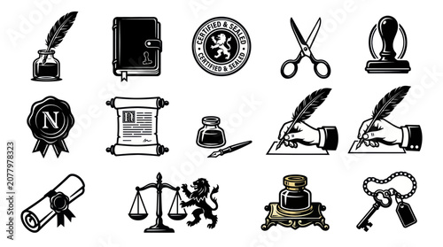 Obraz na płótnie Notary public and legal document icon set.