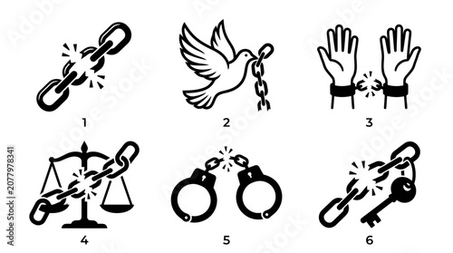 Quadro su tela Numbered sequence of liberation icons and broken chain symbols.