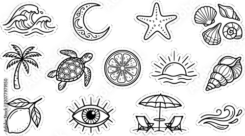 Photography Beach icons set with vector illustrations of sea creatures, tropical symbols, an