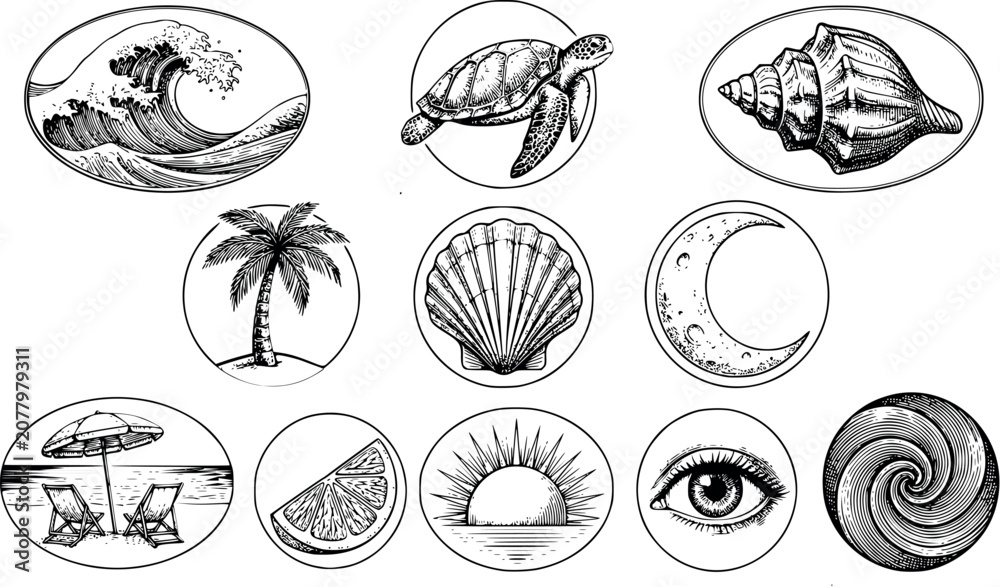 Obraz premium Black and white vector illustration of various beach icons including wave, turtle, shell, palm tree, and moon phases
