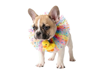 Cute french bulldog puppy wearing a colorful polka dot ruffled collar with a small yellow duck toy isolated on transparent background