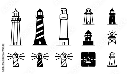 Photos Minimal lighthouse and coastal beacon outline icon collection vector illustratio