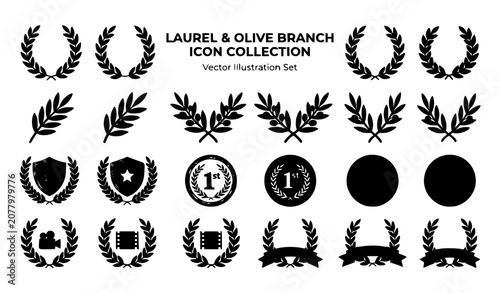 Foto Laurel wreath and olive branch award icon set with Roman Greek victory vector de
