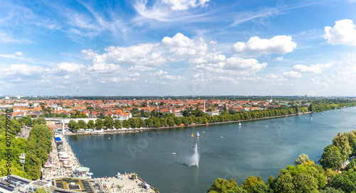Aerial panorama of Hannover with Maschsee and Sudstadt rooftops