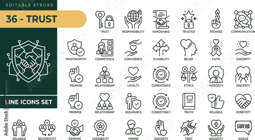 Φωτογραφία Set of thirty six black and white line icons about trust and business reliabilit