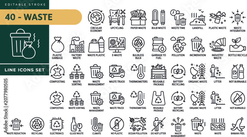 Fotografie Set of 40 hand drawn waste and recycling line icons for environmental protection