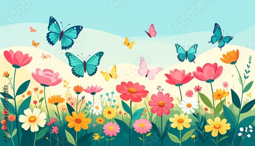 Colorful butterflies and flowers in vibrant garden scene.