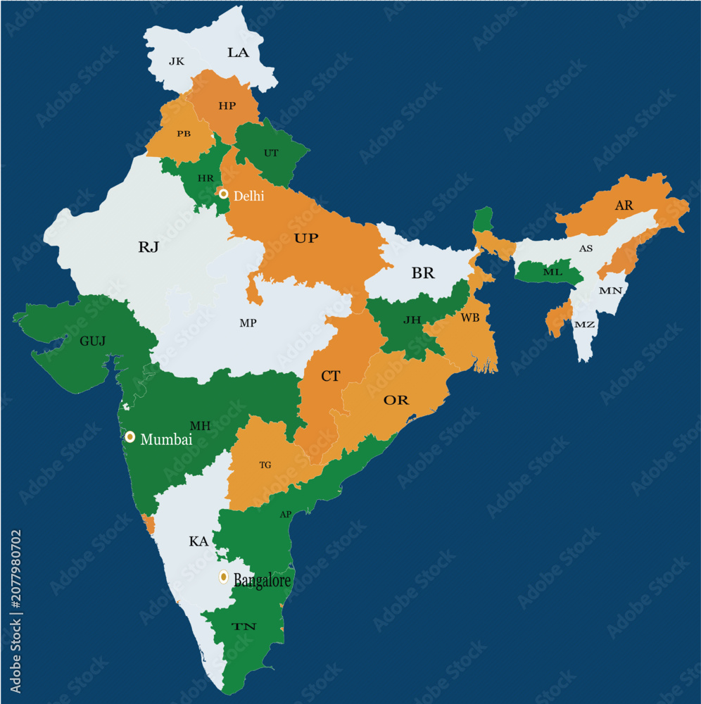 Fototapeta premium Political map of India showcasing its states and union territories with major cities and state abbreviations, colored in national flag hues.