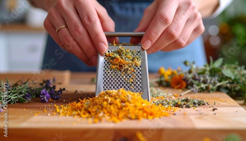 Hands serving colorful vegetable casserole dish.