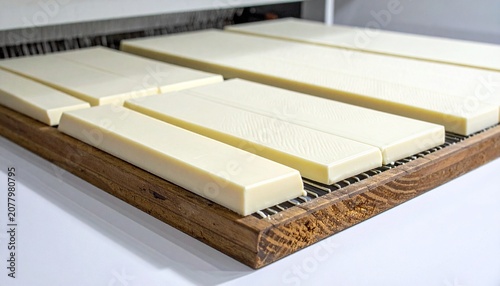 Modern minimalist kitchen countertop with marble and wood.
