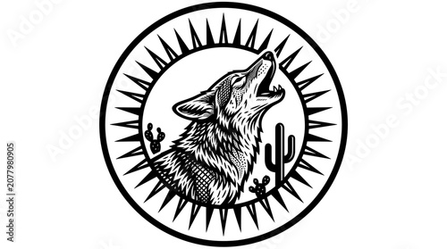 Coyote howling in desert sun emblem.