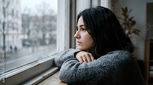 A young woman gazes thoughtfully out a window, lost in contemplation on a gloomy day
