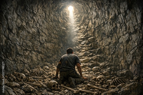 A person kneels amidst ancient skeletal remains in a dark cave