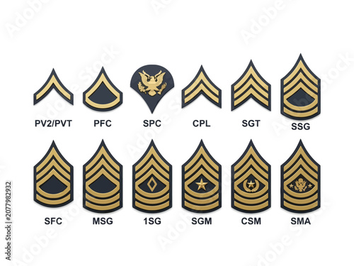 Enlisted Military Rank Insignia Icons Set on White Background