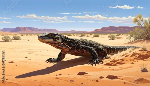 Desert tortoise crossing arid sandy terrain under blue sky.