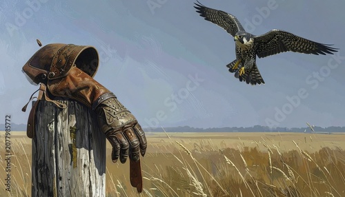 Young girl watching eagle soaring in golden field.
