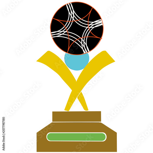 Soccer Ball Trophy Award on Yellow Ribbon with Blue Base Isolated on White Background