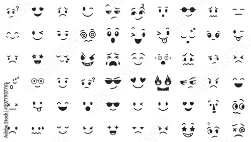 Cute Emoji Face Expressions Icon Set Collection with Various Minimal Black Cartoon Emotions