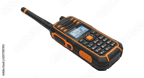 Black and Orange Handheld Radio with Digital Display and Keypad Isolated on White Background