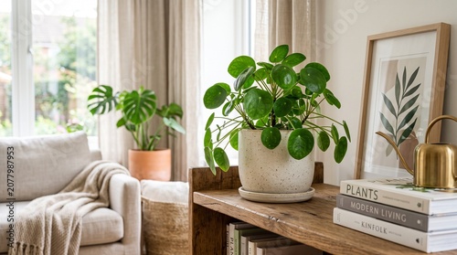 Modern living room with large green houseplants and natural light.