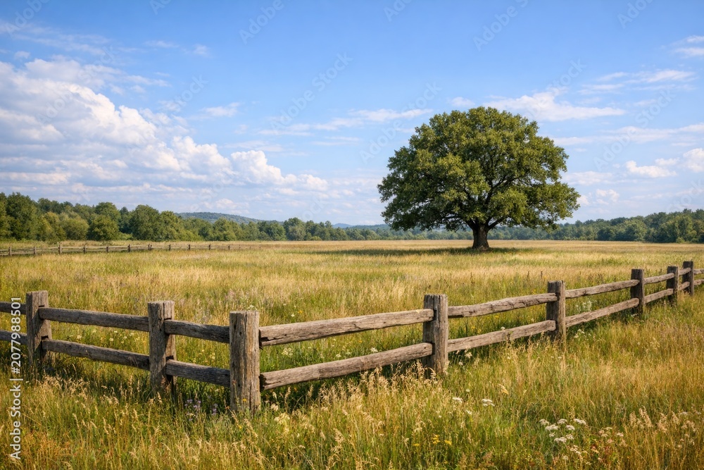 Fototapeta premium A wooden fence stands tall in a green field, with a tree visible in the distance