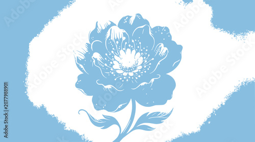 Elegant Blue Peony Flower Silhouette on Abstract Brush Stroke Background