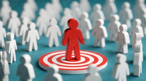 Achieving market differentiation and targeted industry success with a red person standing on a bullseye target.