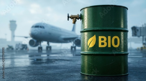 Bio fuel container at an airport tarmac representing green energy for the aviation industry.