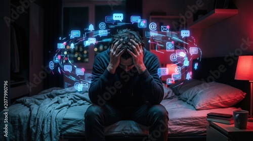 Digital burnout and stress caused by constant social media notifications and email overload at night.