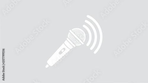 White microphone icon with sound waves, graphic symbol for audio, voice, broadcast, music, podcast
