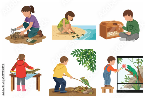 Children studying and caring for reptiles and turtles flat vector illustration set