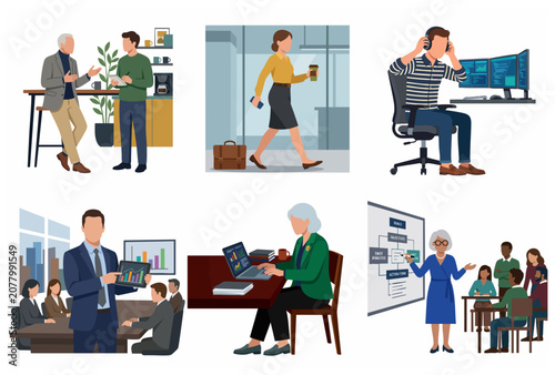 Corporate Business People Set of Flat Vector Illustrations, Office Workers Activities, Team Meeting, Presentation, Professional Career Character Collection