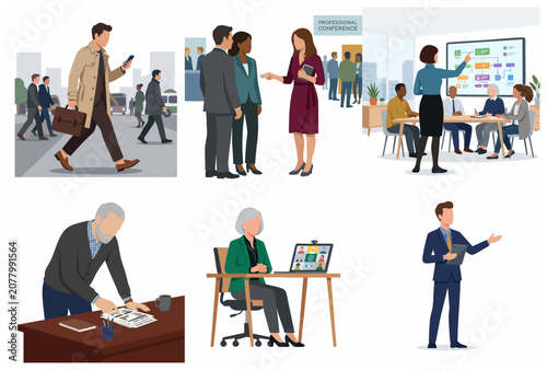Business People Flat Illustration Set Featuring Networking, Presentations, Remote Work, and Corporate Daily Life