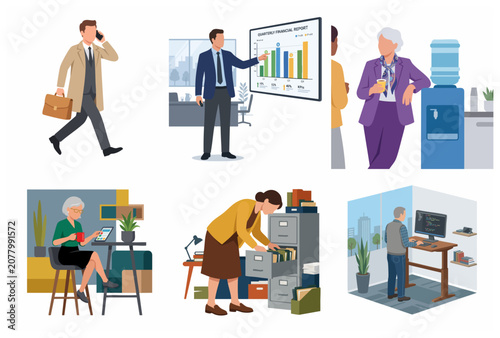 Set of diverse business people in various office situations flat vector illustration
