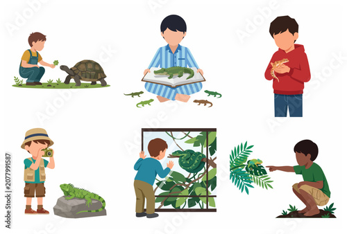 Collection of vector illustrations featuring children interacting with diverse reptiles like snakes, turtles, and lizards for nature education and wildlife hobbies
