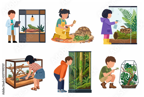 Children interacting with reptiles and exotic pets in terrariums illustration set