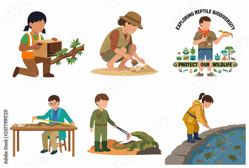 Herpetology and wildlife conservation illustration set featuring people studying reptiles, feeding Komodo dragons, releasing iguanas, and uncovering fossils for environmental education.