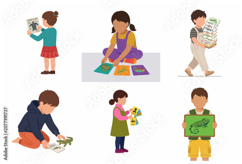 Children learning about reptiles and amphibians with educational cards, toys and posters set, flat vector illustration