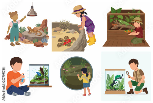 Set of Children Caring for Exotic Reptiles and Amphibians in Terrariums and Enclosures Illustration
