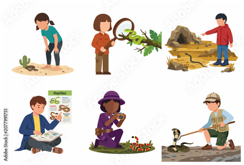 Set of flat illustrations featuring children and researchers observing, studying, and photographing various snake species in different nature habitats.