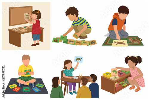 Collection of children learning about reptiles and amphibians with educational flashcards and interactive games in classroom and home settings