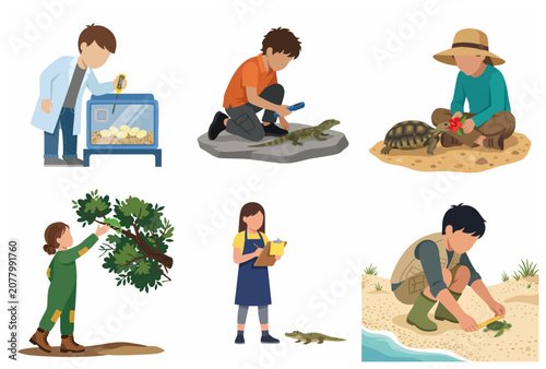 Children Studying Reptiles and Wildlife Research Illustrations Set for Herpetology Education