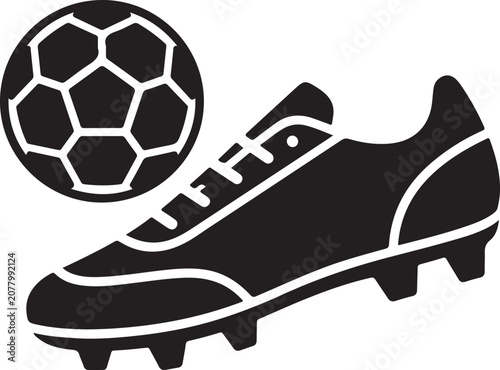 Minimalist solid black football boot and soccer ball icon featuring a modern soccer cleat with a classic football. Clean monochrome vector design ideal for sports branding, football clubs.