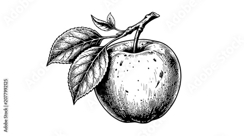 Hand-drawn apple with leaves on branch, vintage sketch, black and white