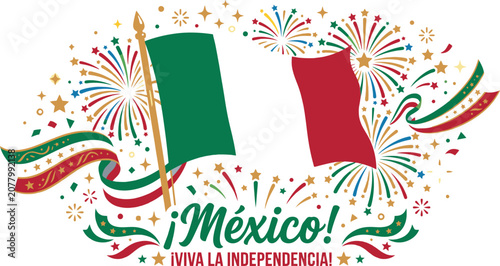 Mexico independence day celebration design with flag and fireworks