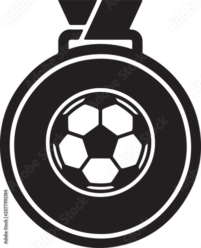 Soccer Medal Icon, Football Award Medal Badge Solid Black Vector.