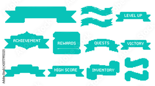 Pixelated Game UI Elements: Banners, Ribbons, and Icons with Gaming Text