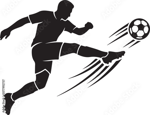 Professional solid black soccer player kicking a flying football silhouette icon featuring a dynamic athlete with motion speed lines and a fast-moving soccer ball. Clean minimalist glyph vector ideal 