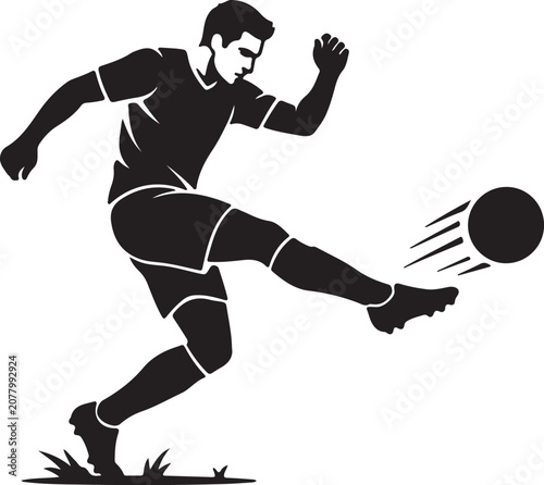 Soccer Player Kicking Ball Action Silhouette Icon, Solid Black Football Vector.